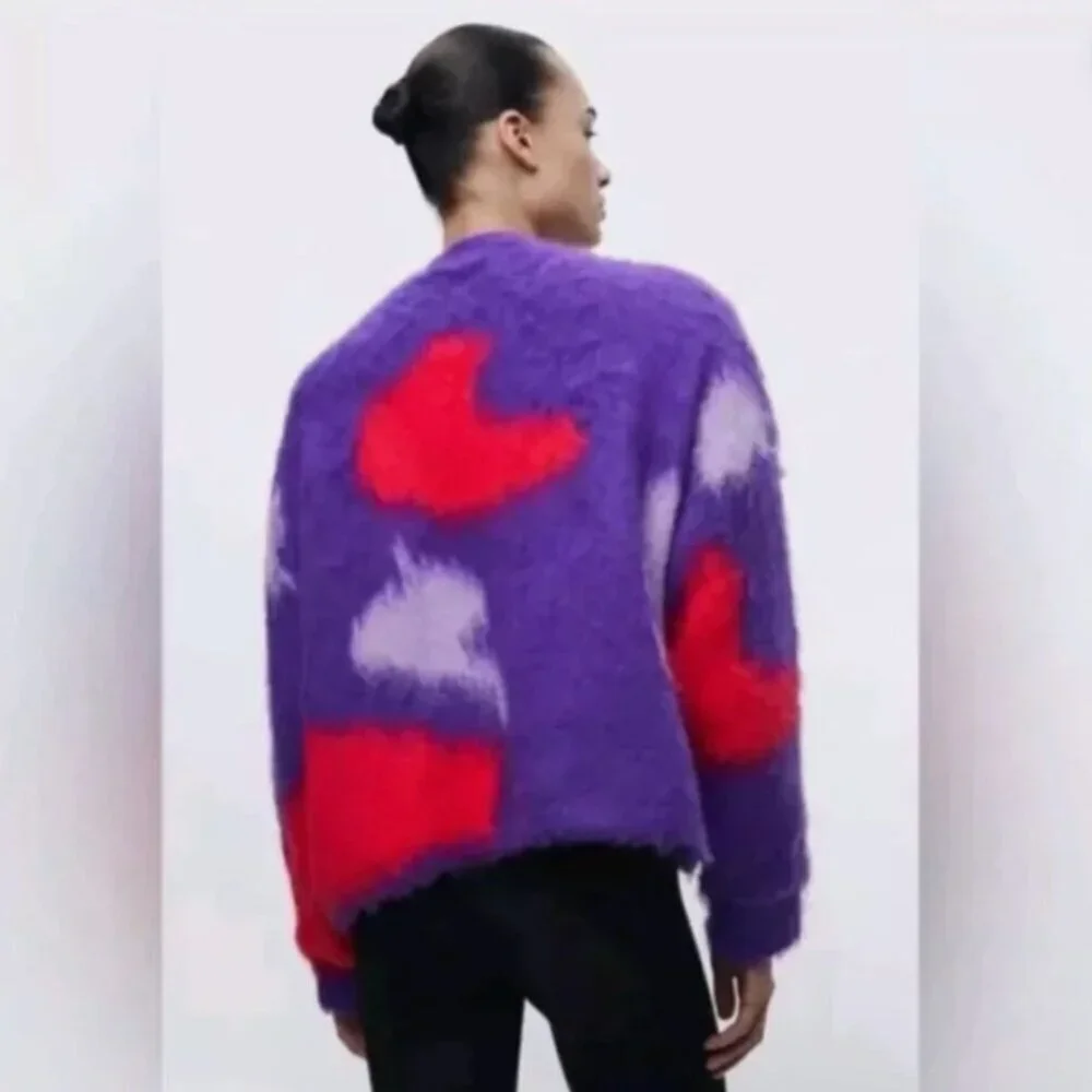 ZARA Brushed Fuzzy Finish Knit Open Cardigan Abstract Unique Purple Red L